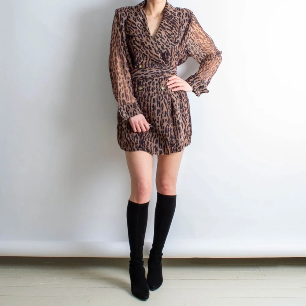 Vintage 90’s Sheer Sleeve Blazer Leopard Print Dress - Picture 2 of 6